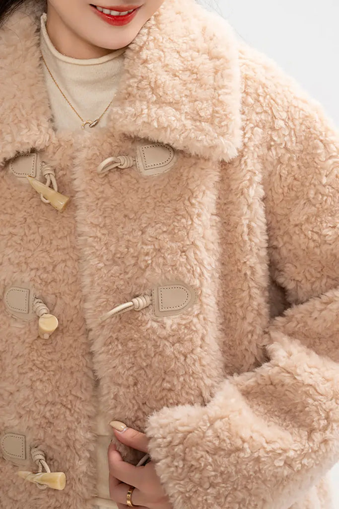 Fibflx Women's Long Faux Shearling Teddy Wool Toggle Coat