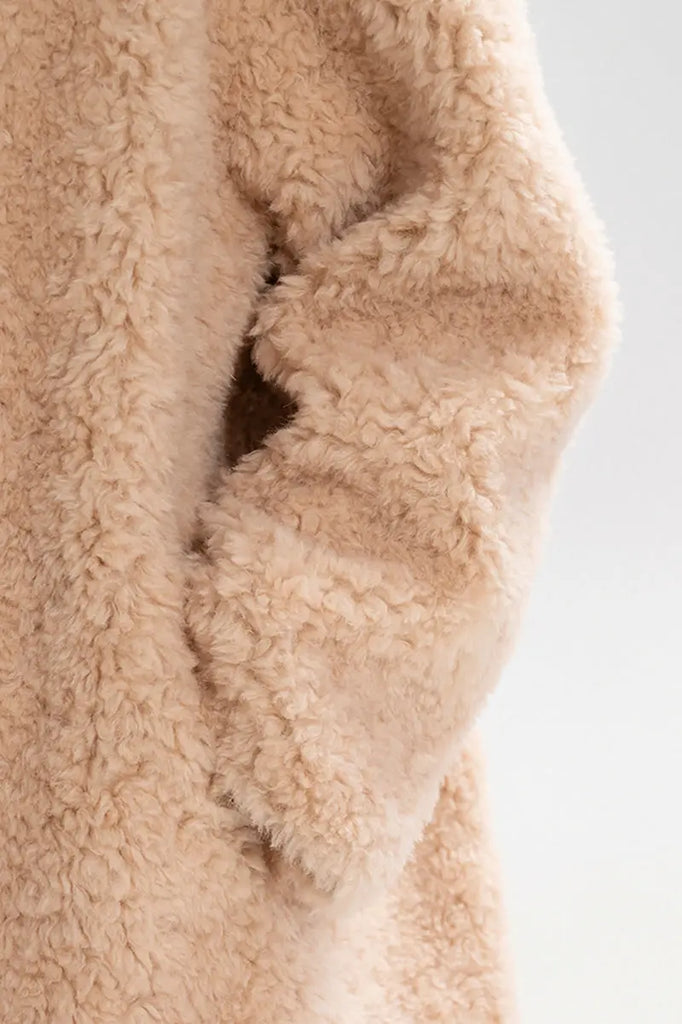 Fibflx Women's Long Faux Shearling Teddy Wool Toggle Coat