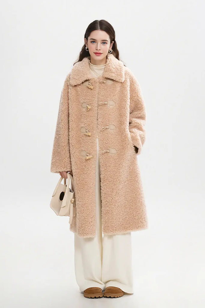 Fibflx Women's Long Faux Shearling Teddy Wool Toggle Coat