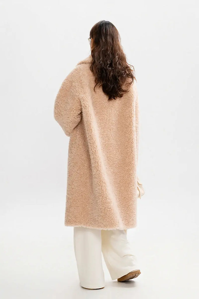 Fibflx Women's Long Faux Shearling Teddy Wool Toggle Coat