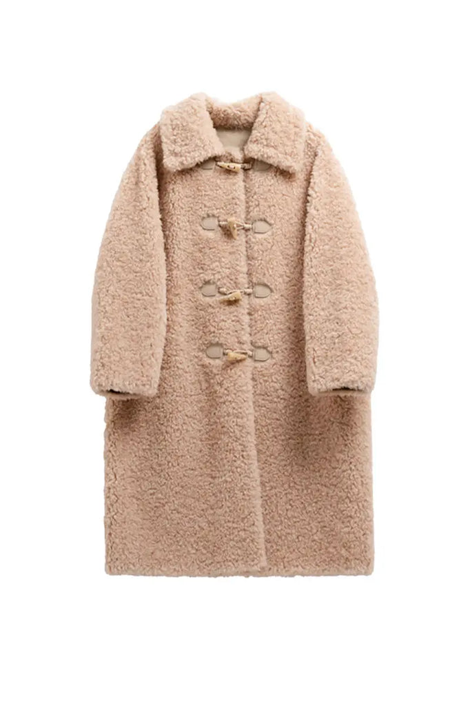 Fibflx Women's Long Faux Shearling Teddy Wool Toggle Coat
