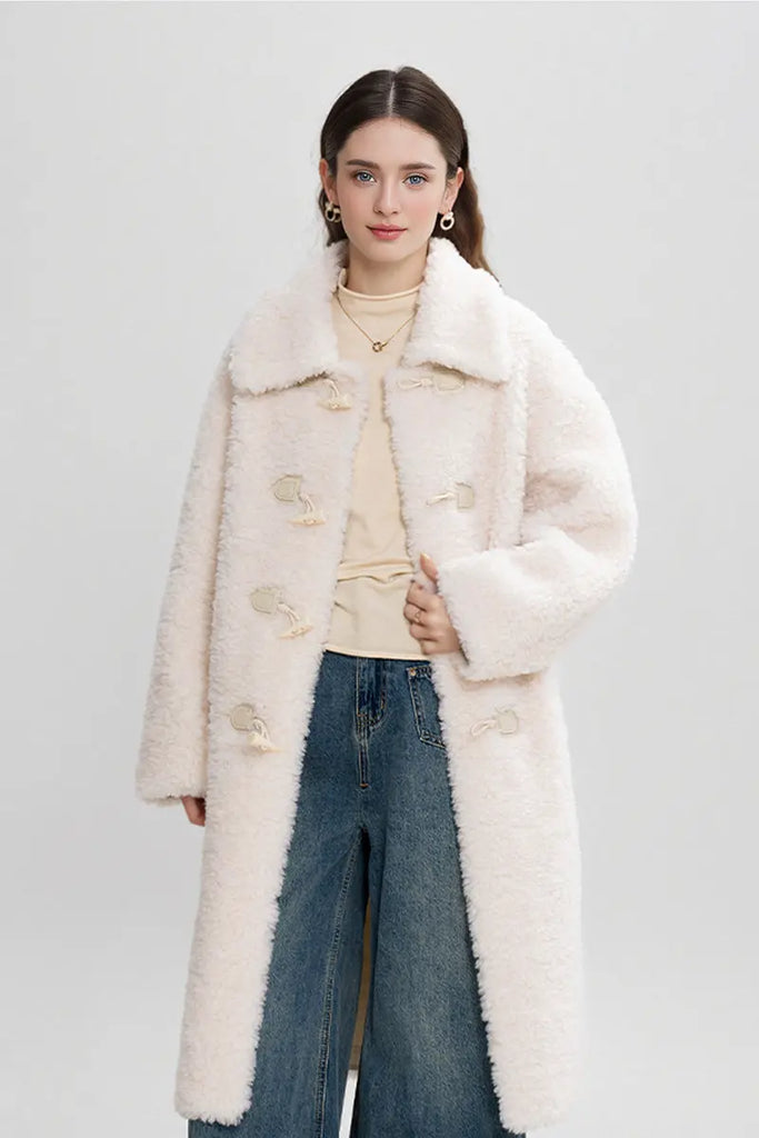 Fibflx Women's Long Faux Shearling Teddy Wool Toggle Coat
