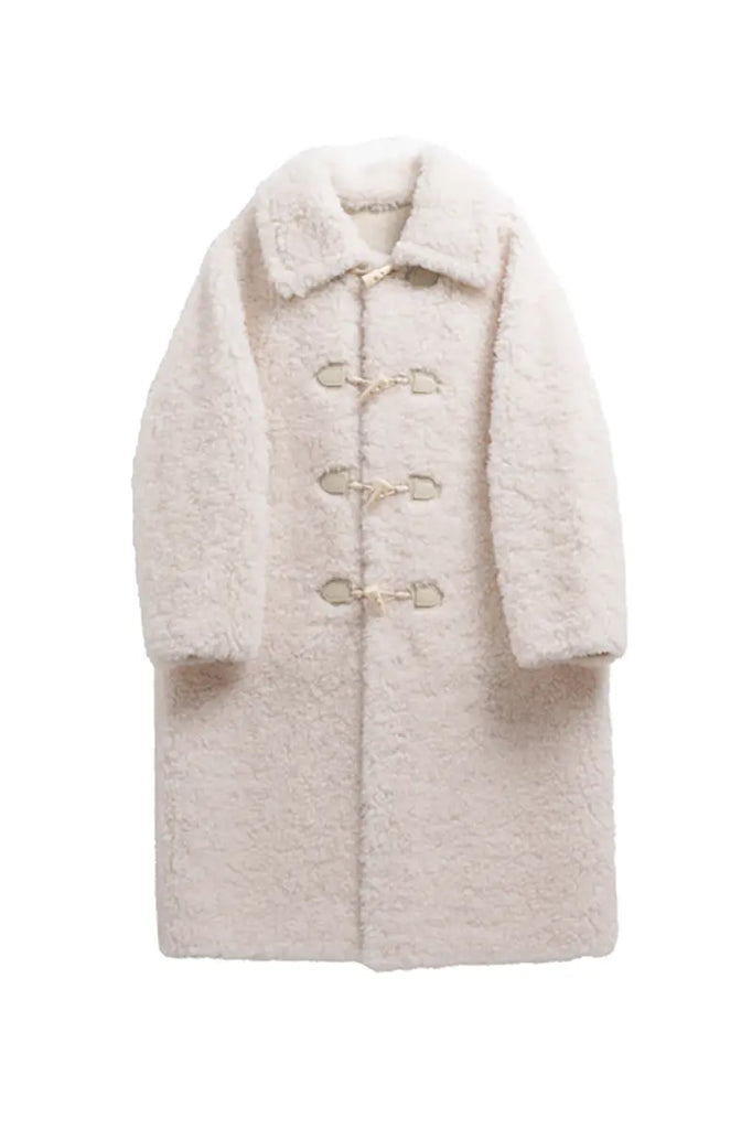 Fibflx Women's Long Faux Shearling Teddy Wool Toggle Coat