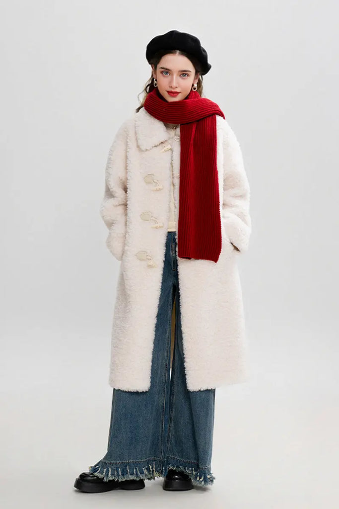 Fibflx Women's Long Faux Shearling Teddy Wool Toggle Coat