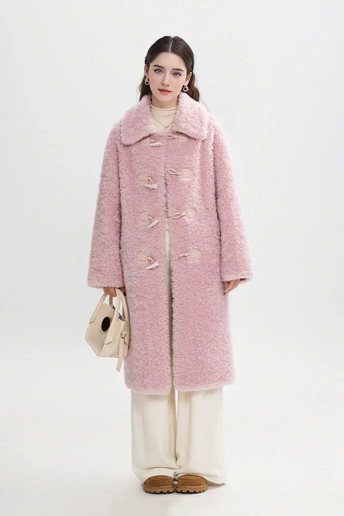 Fibflx Women's Long Faux Shearling Teddy Wool Toggle Coat