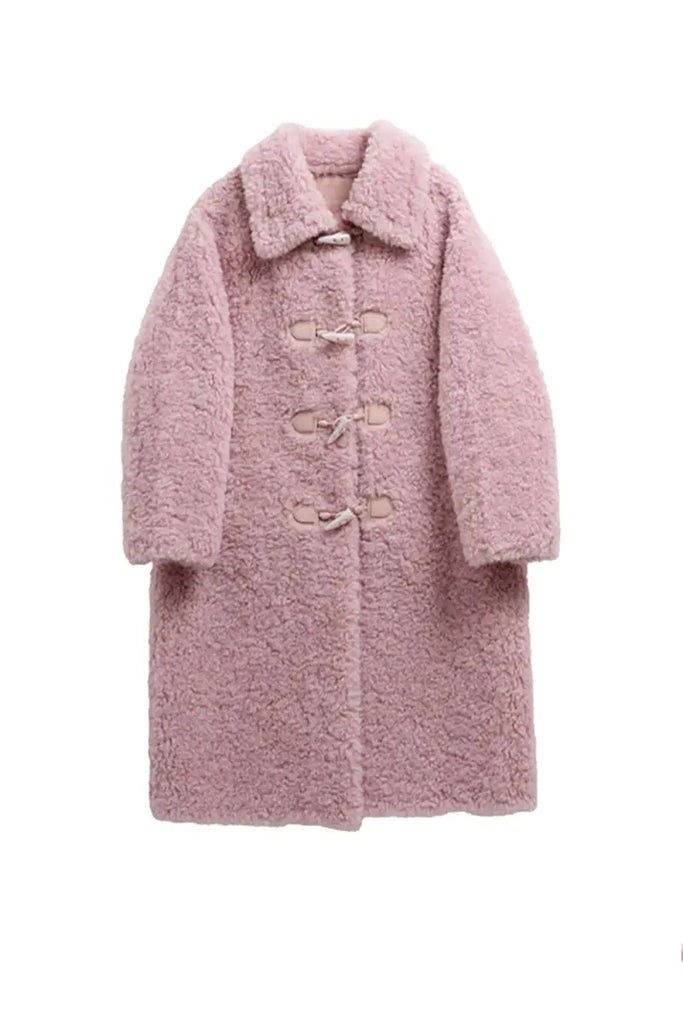 Fibflx Women's Long Faux Shearling Teddy Wool Toggle Coat