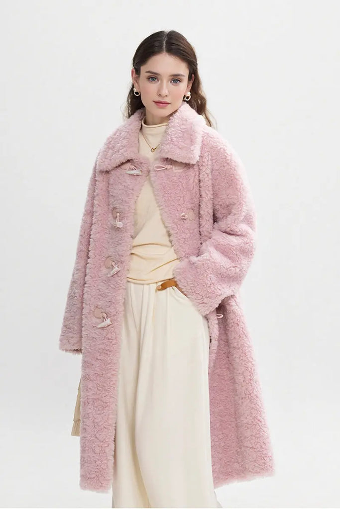 Fibflx Women's Long Faux Shearling Teddy Wool Toggle Coat