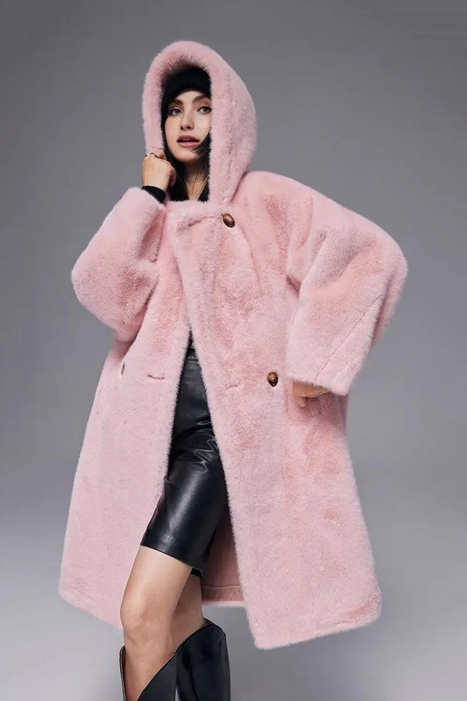 Fibflx Women's Long Hooded Faux Mink Fur Coat