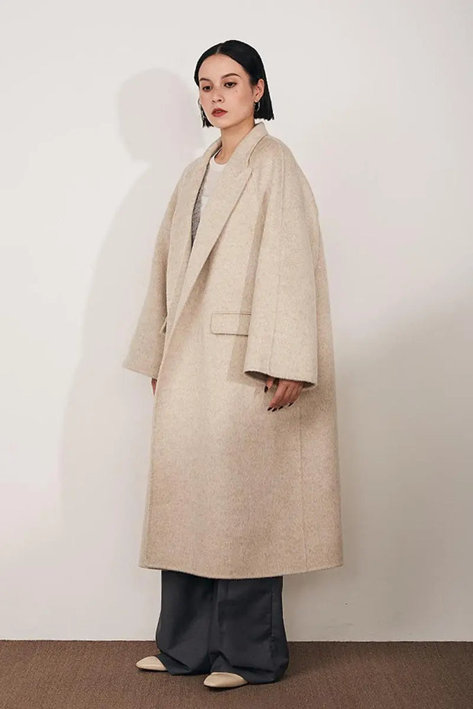 Fibflx Women's Long Wool Silk Blend Wrap Coat with Notched Lapel