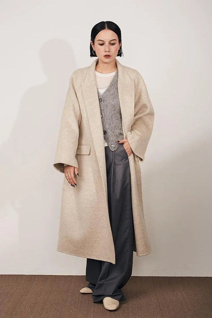 Fibflx Women's Long Wool Silk Blend Wrap Coat with Notched Lapel