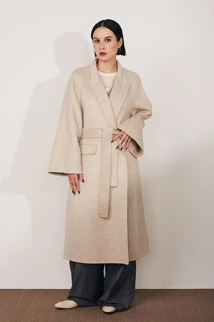 Fibflx Women's Long Wool Silk Blend Wrap Coat with Notched Lapel