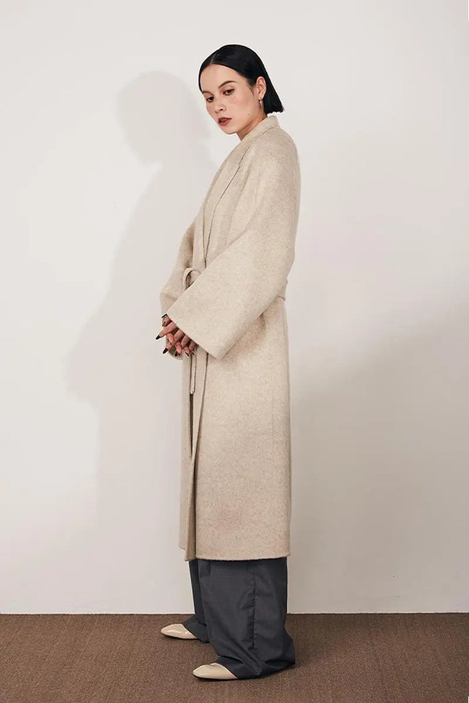 Fibflx Women's Long Wool Silk Blend Wrap Coat with Notched Lapel