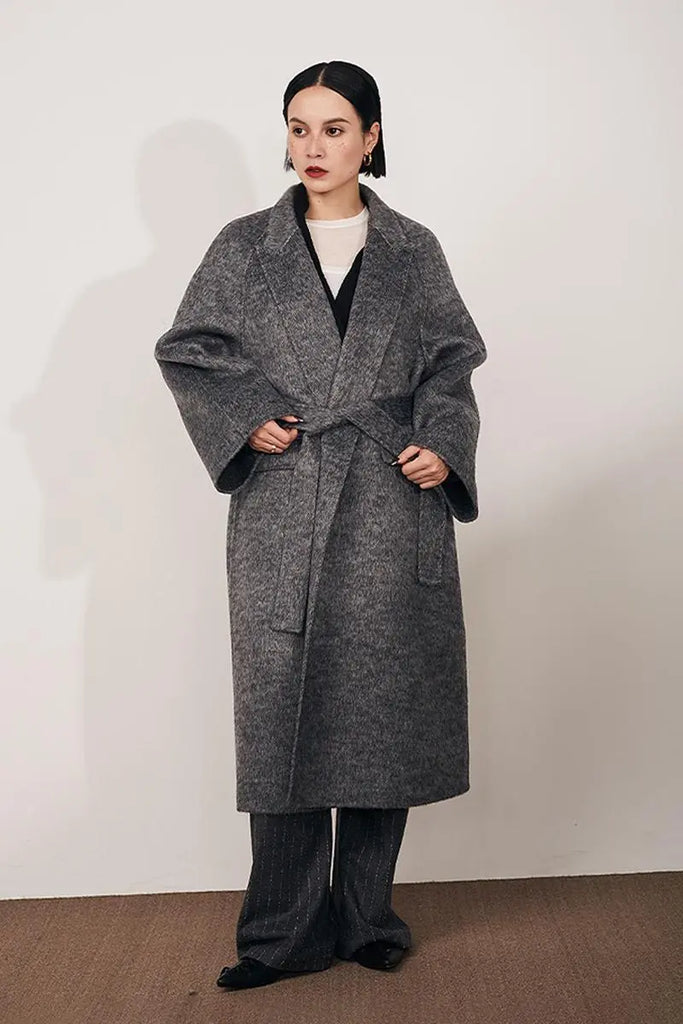 Fibflx Women's Long Wool Silk Blend Wrap Coat with Notched Lapel