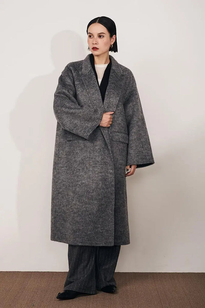 Fibflx Women's Long Wool Silk Blend Wrap Coat with Notched Lapel
