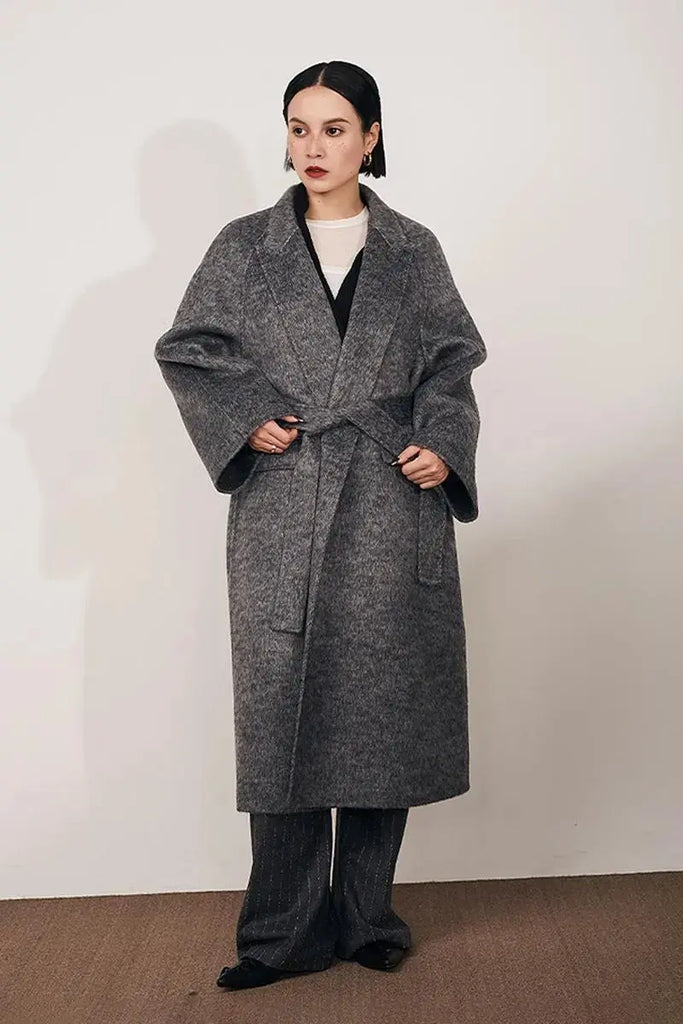 Fibflx Women's Long Wool Silk Blend Wrap Coat with Notched Lapel