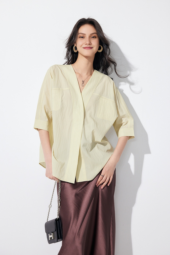 Fibflx Women's Loose Fit Collarless V Neck T Shirt with Concealed Button Placket