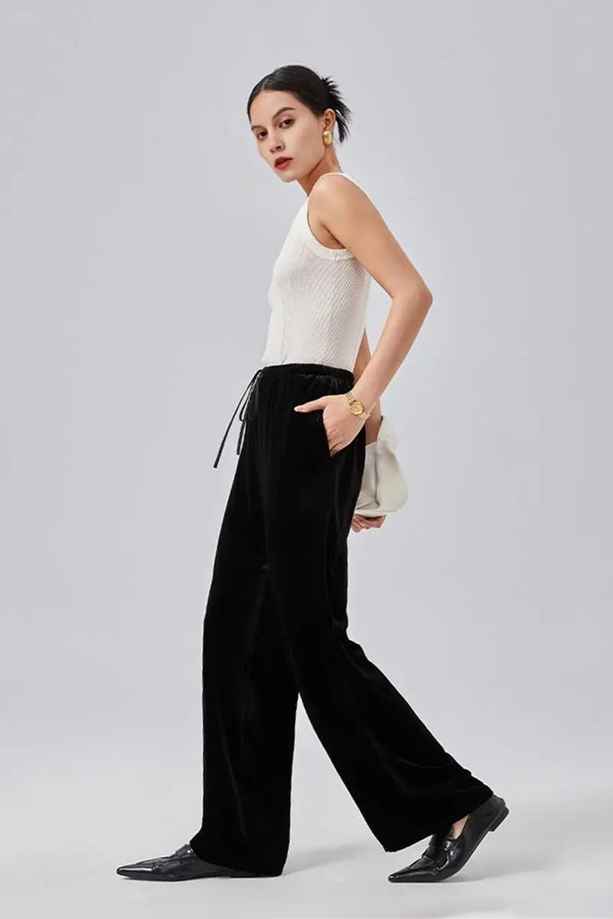 Fibflx Women's Loose Fit Wide Leg Silk Lined Velvet Pants