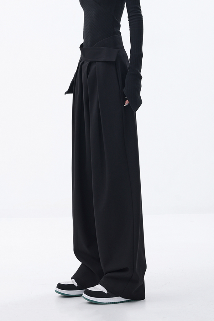 Fibflx Women's Loose Pleated Wide-Leg Pants with Velcro Fastener