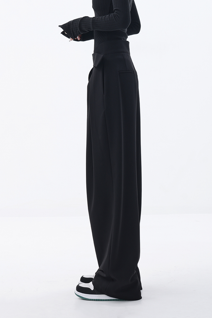 Fibflx Women's Loose Pleated Wide-Leg Pants with Velcro Fastener