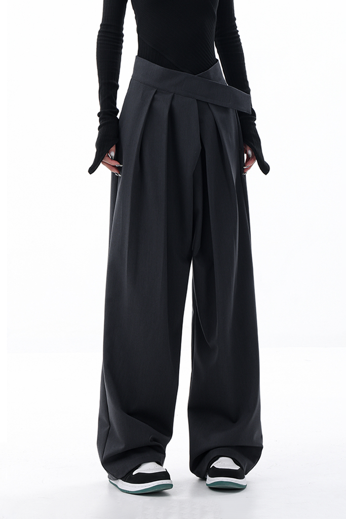 Fibflx Women's Loose Pleated Wide-Leg Pants with Velcro Fastener