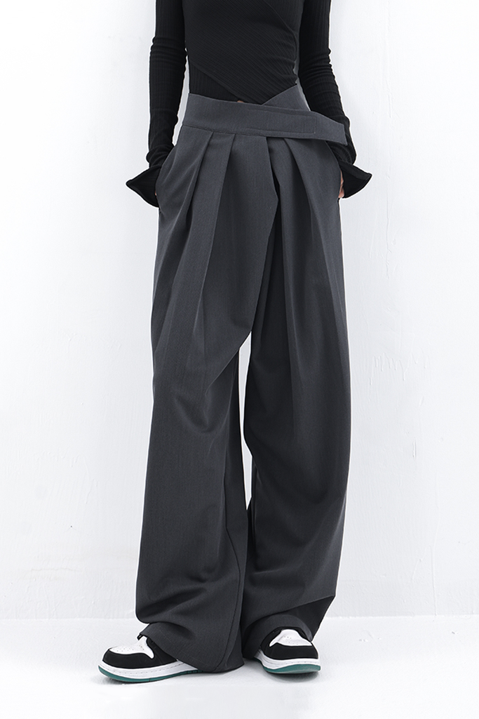 Fibflx Women's Loose Pleated Wide-Leg Pants with Velcro Fastener