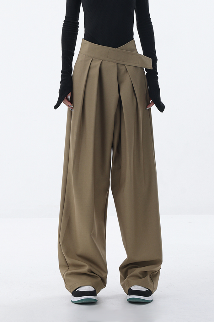 Fibflx Women's Loose Pleated Wide-Leg Pants with Velcro Fastener