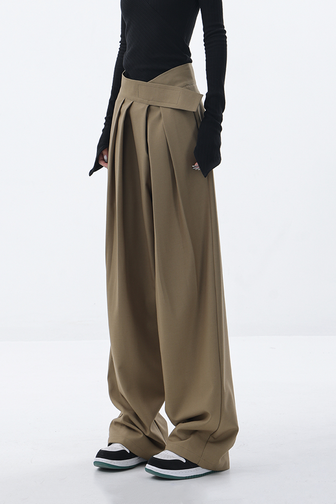 Fibflx Women's Loose Pleated Wide-Leg Pants with Velcro Fastener