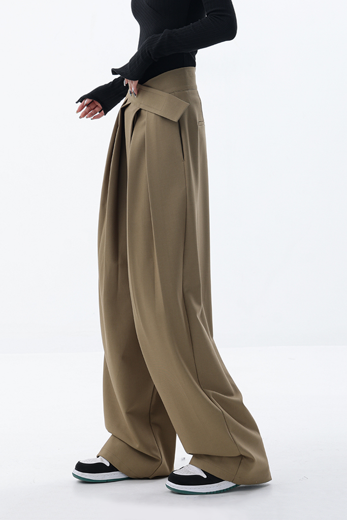 Fibflx Women's Loose Pleated Wide-Leg Pants with Velcro Fastener