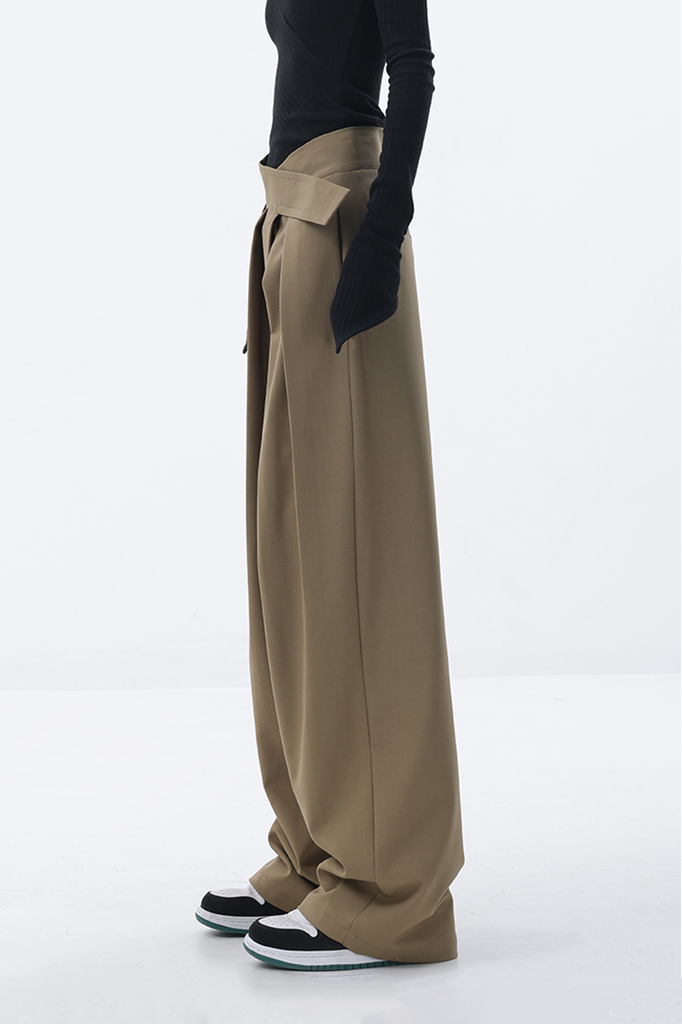 Fibflx Women's Loose Pleated Wide-Leg Pants with Velcro Fastener