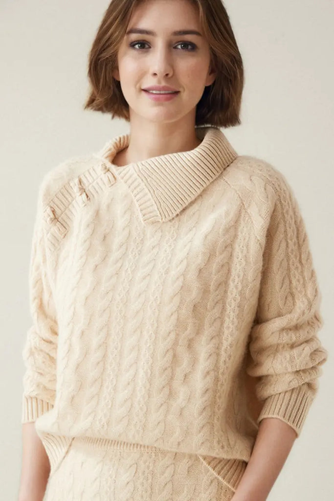 Fibflx Women's Luxe 100 Cashmere Pullover Sweater with Asymmetrical Collar