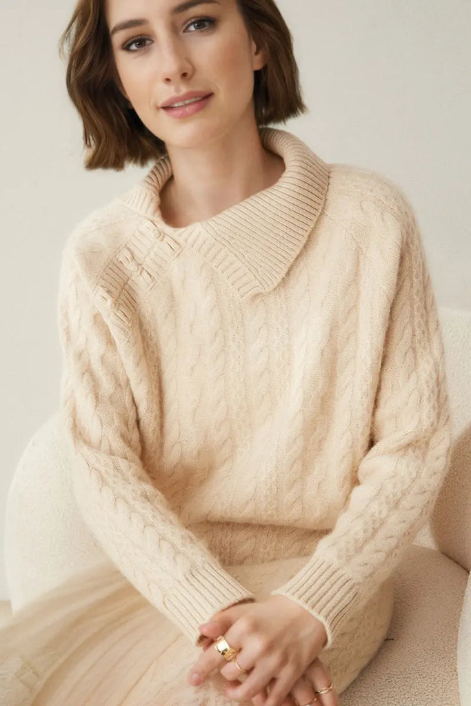 Fibflx Women's Luxe 100 Cashmere Pullover Sweater with Asymmetrical Collar