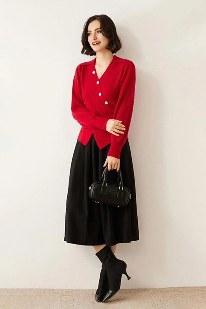 Fibflx Women's Luxe 100 Cashmere Ribbed V-Neck Sweater