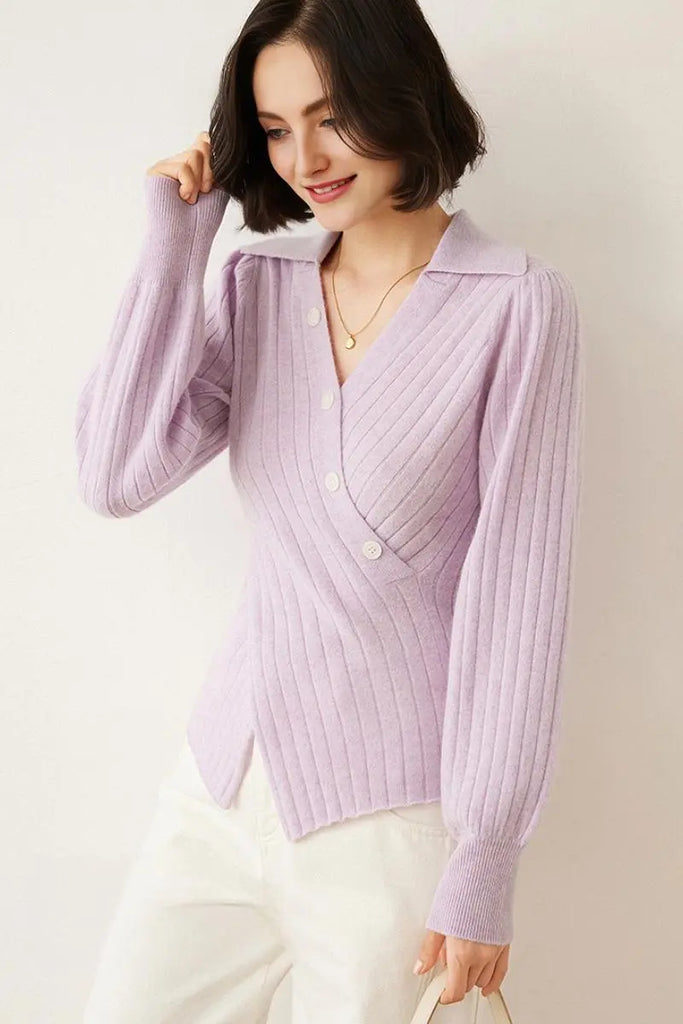 Fibflx Women's Luxe 100 Cashmere Ribbed V-Neck Sweater