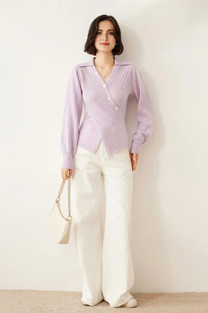 Fibflx Women's Luxe 100 Cashmere Ribbed V-Neck Sweater