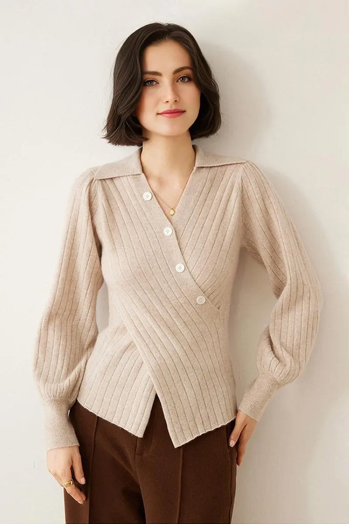 Fibflx Women's Luxe 100 Cashmere Ribbed V-Neck Sweater