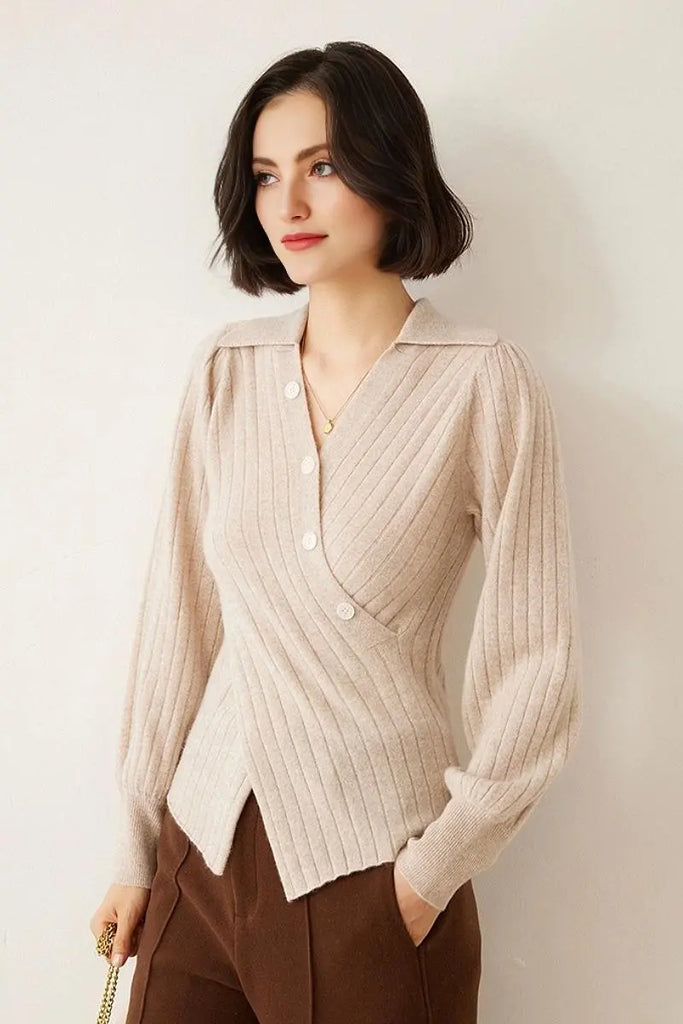 Fibflx Women's Luxe 100 Cashmere Ribbed V-Neck Sweater