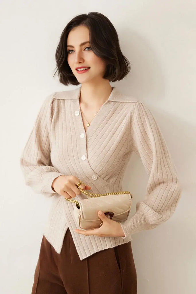 Fibflx Women's Luxe 100 Cashmere Ribbed V-Neck Sweater