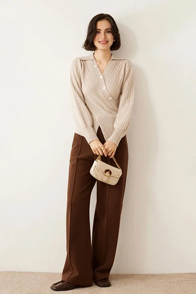 Fibflx Women's Luxe 100 Cashmere Ribbed V-Neck Sweater