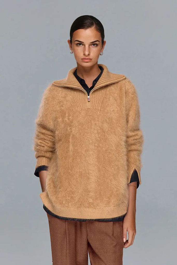 Fibflx Women's Luxe Brushed Cashmere Quarter Zip Sweater