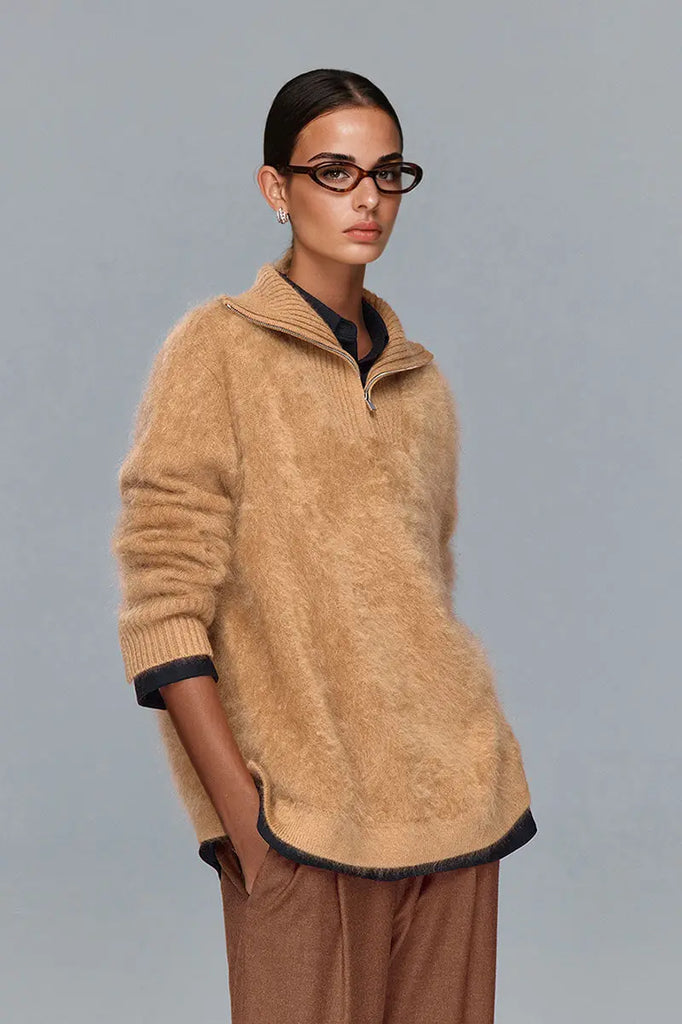 Fibflx Women's Luxe Brushed Cashmere Quarter Zip Sweater