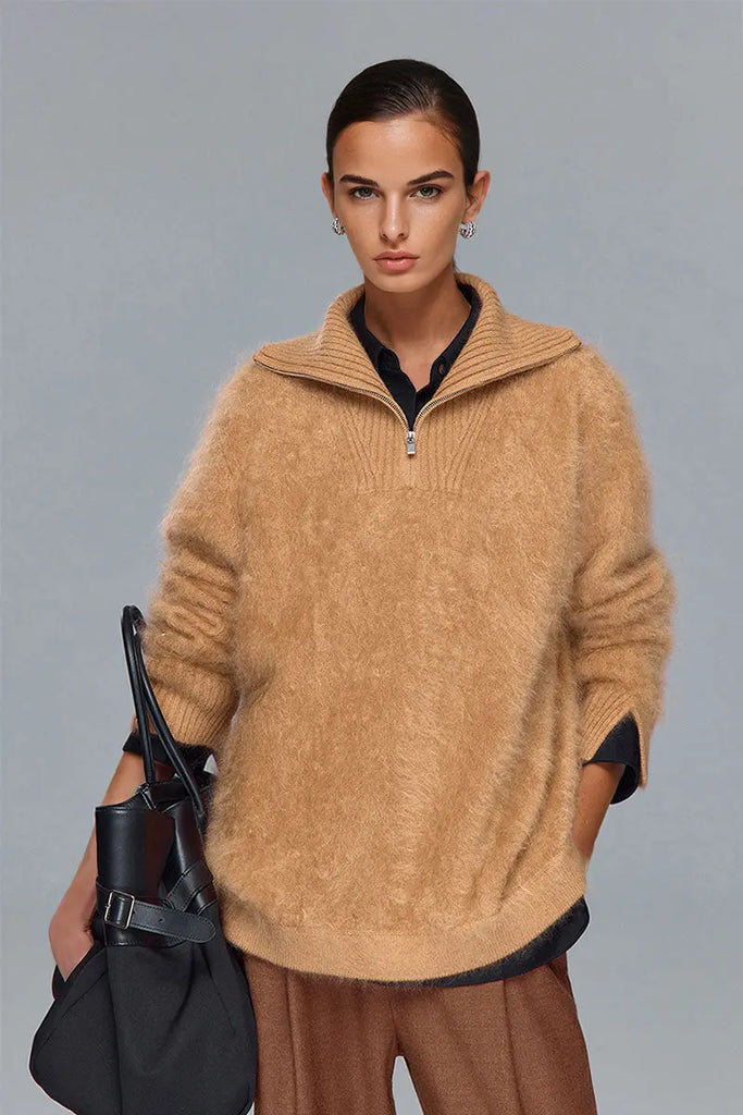 Fibflx Women's Luxe Brushed Cashmere Quarter Zip Sweater