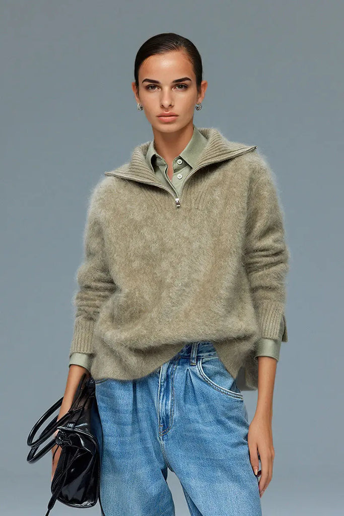 Fibflx Women's Luxe Brushed Cashmere Quarter Zip Sweater