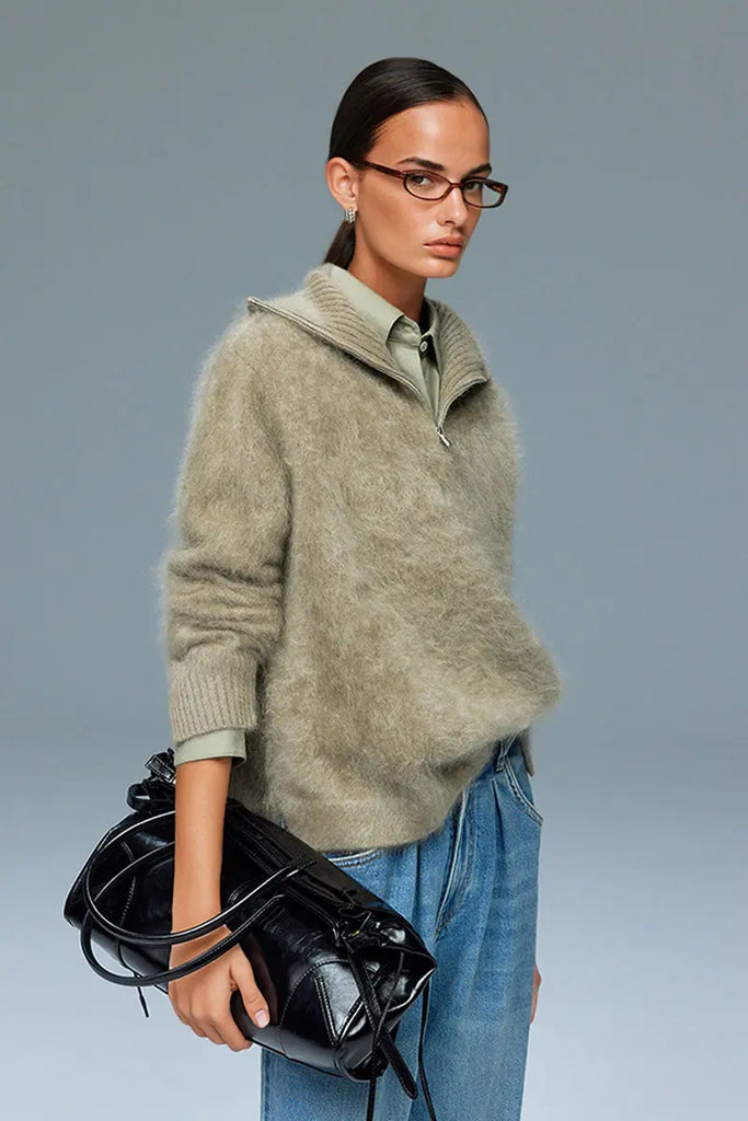 Fibflx Women's Luxe Brushed Cashmere Quarter Zip Sweater