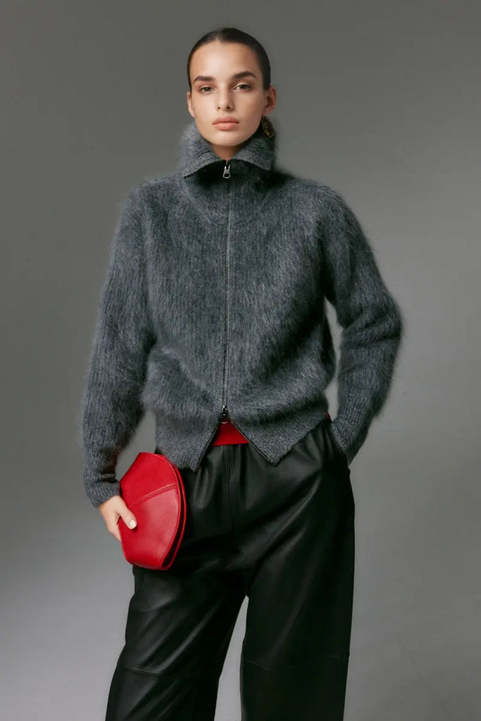 Fibflx Women's Luxe Brushed Cashmere Turtleneck Cardigan with Two-Way Zip