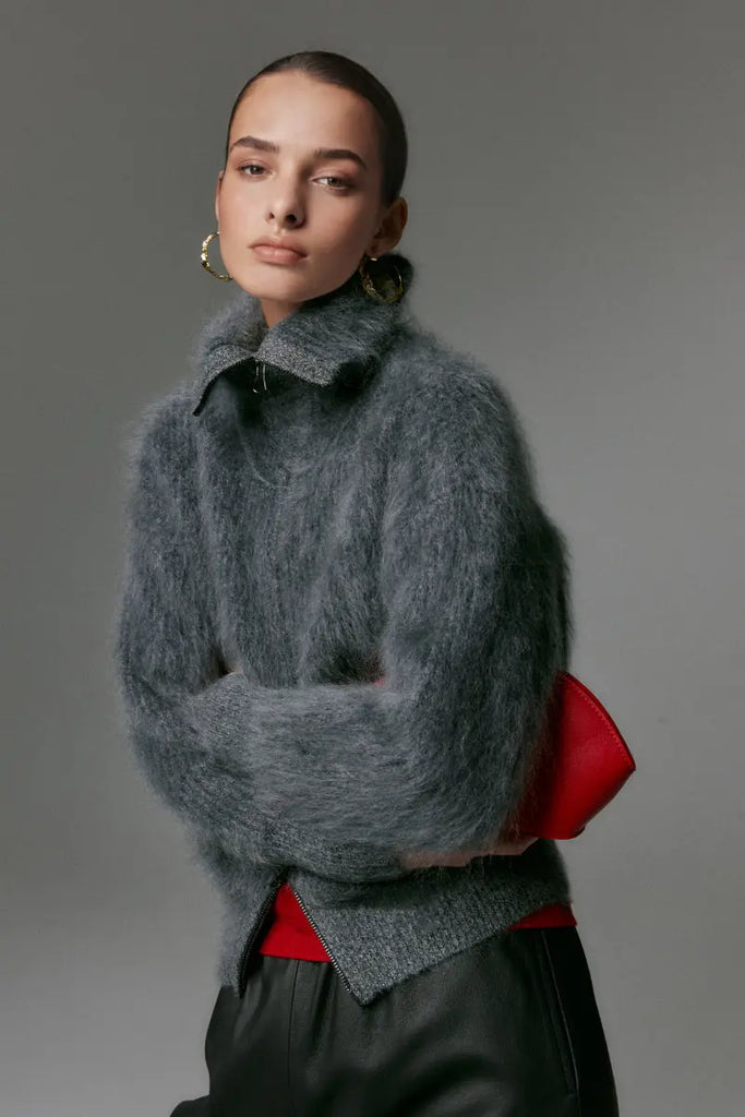 Luxe Brushed Cashmere Turtleneck Cardigan with Two-Way Zip - Fibflx