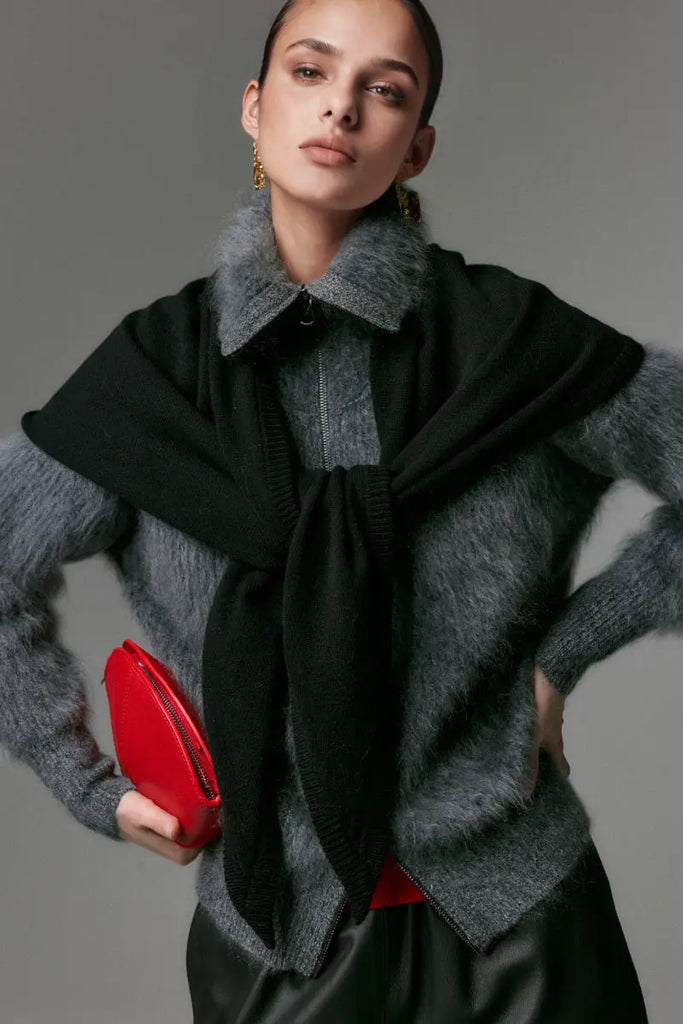 Luxe Brushed Cashmere Turtleneck Cardigan with Two-Way Zip - Fibflx