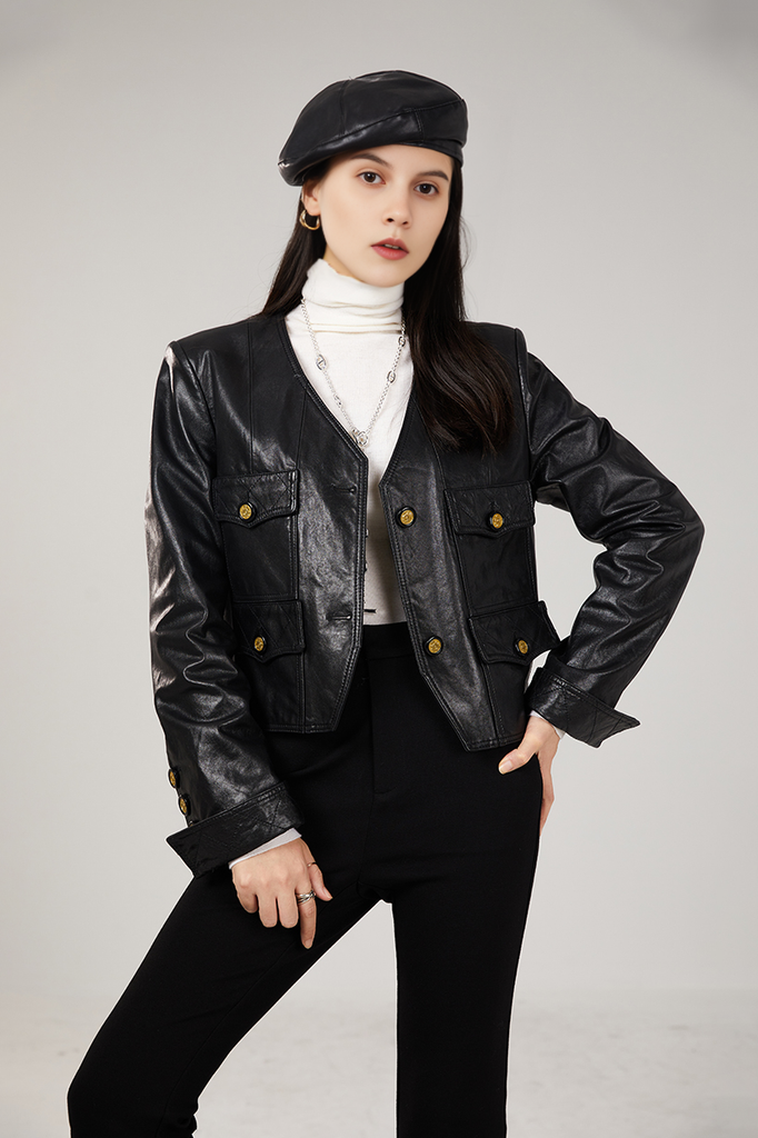 Luxe Collarless Cropped Black Leather Jacket - Fibflx