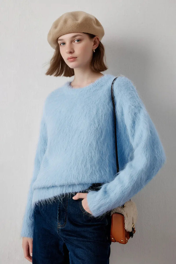 Luxe Colorful Cable Knit Brushed Alpaca Fuzzy Crewneck Sweater - Fibflx