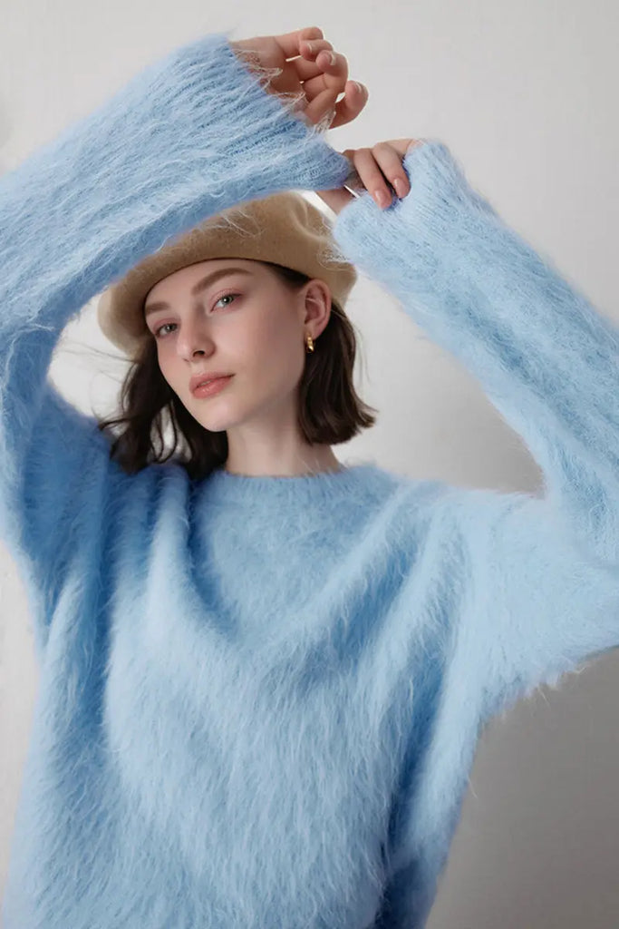 Luxe Colorful Cable Knit Brushed Alpaca Fuzzy Crewneck Sweater - Fibflx