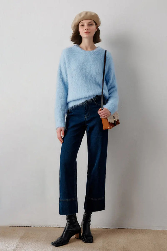 Luxe Colorful Cable Knit Brushed Alpaca Fuzzy Crewneck Sweater - Fibflx